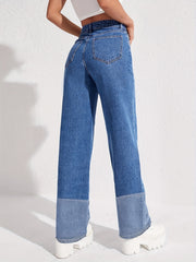 Colorblock Slash Pockets High Waist Baggy Denim Pants