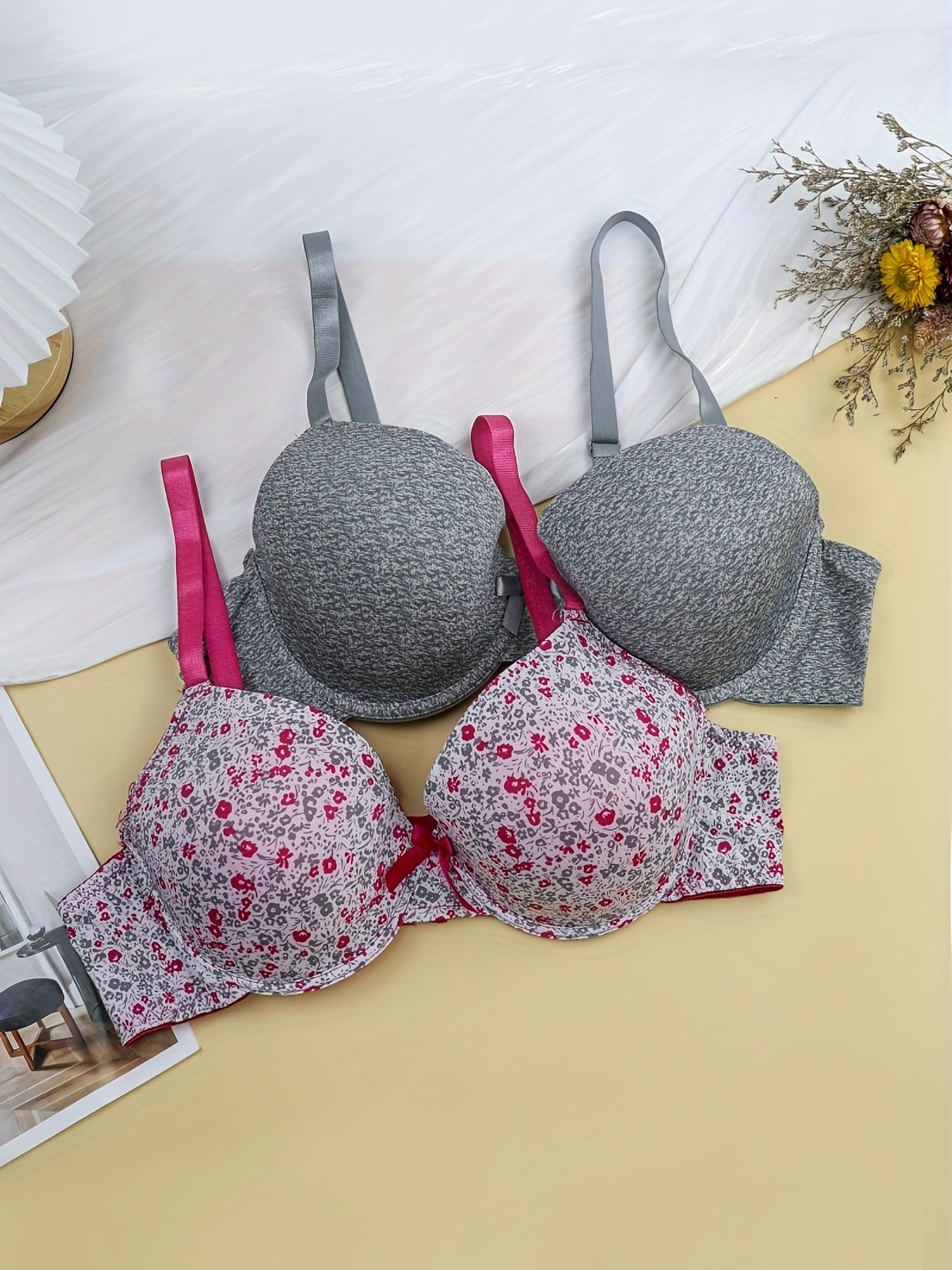 2 Pack Plus Size Bow Knot Underwire Bras Set Women's Full Coverage