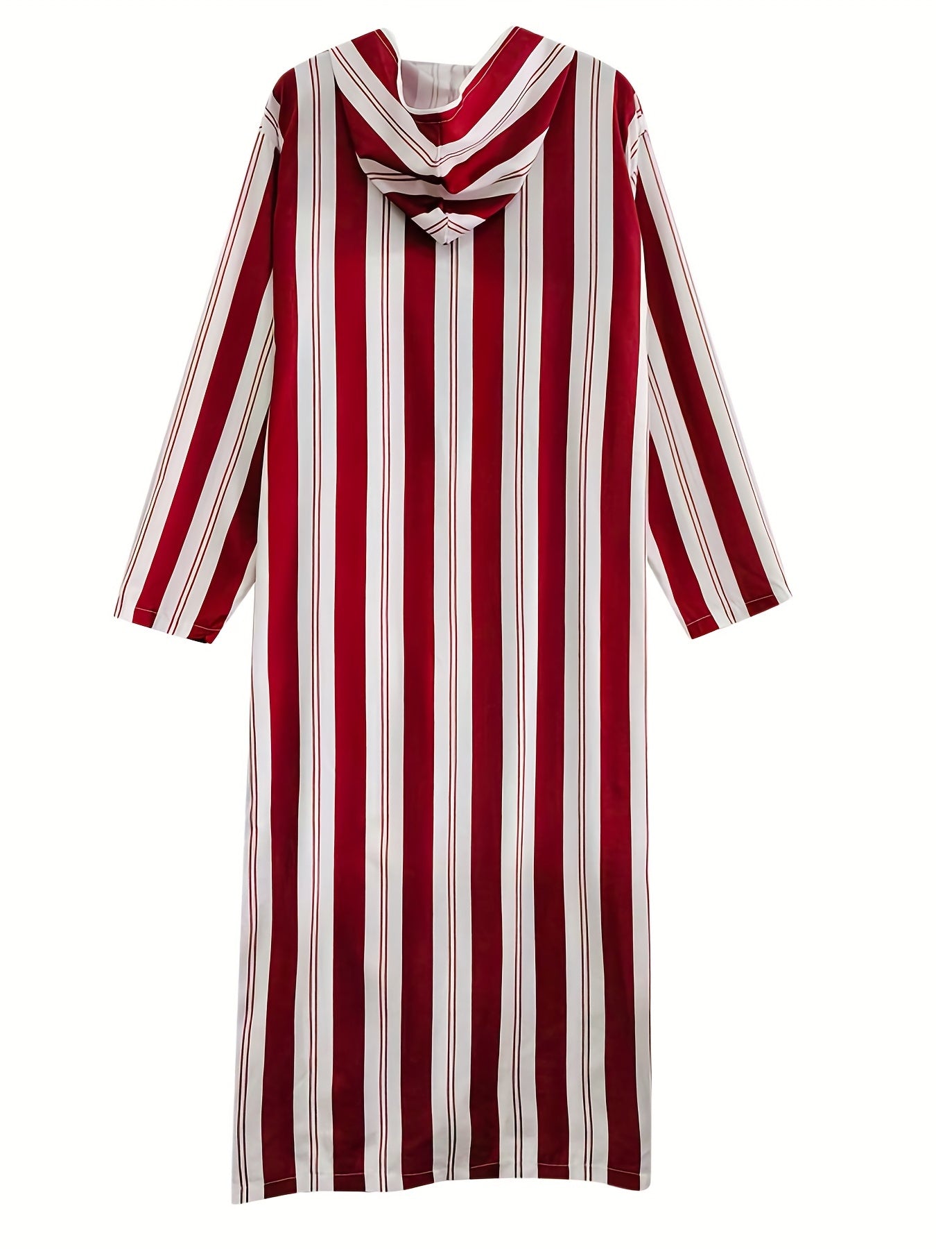 Islamic Arabic Kaftan Men Long Sleeve Vertical Striped V Neck Hooded
