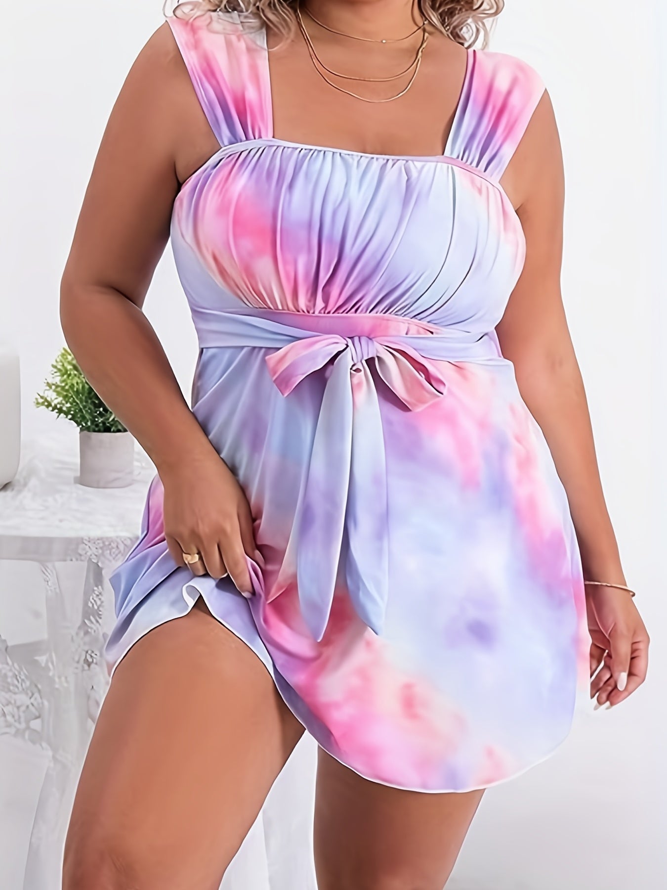 Tie Dye Square Neck Tankini Set with Belted Dress