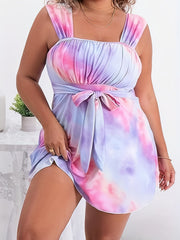 Tie Dye Square Neck Tankini Set with Belted Dress