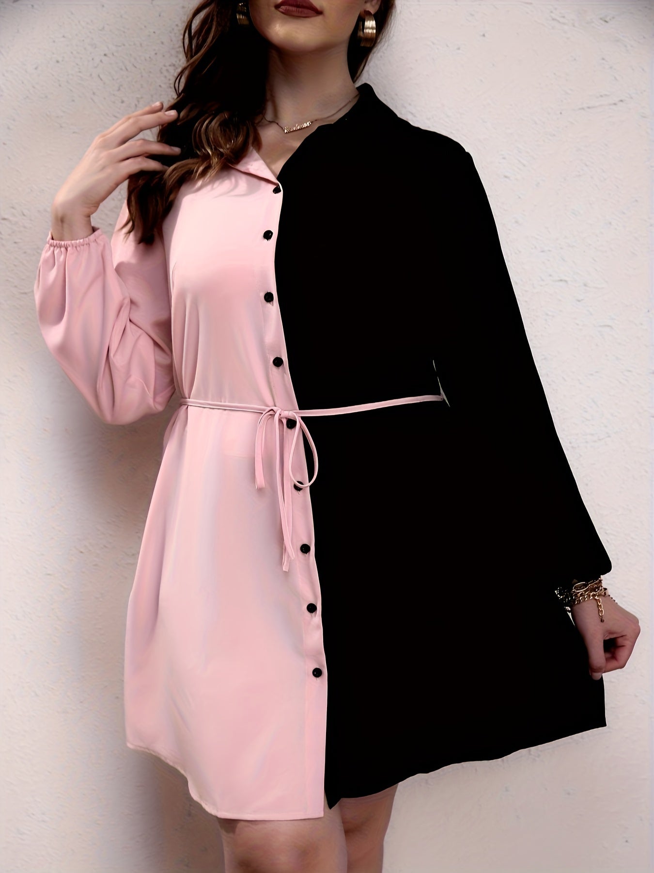 Colorblock Button Up Lantern Sleeve Casual Blouse