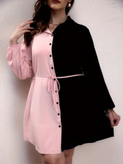 Colorblock Button Up Lantern Sleeve Casual Blouse