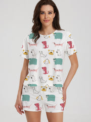 Cartoon Dog Print Lounge Set Short Sleeve Top & Shorts Women's Loungewear