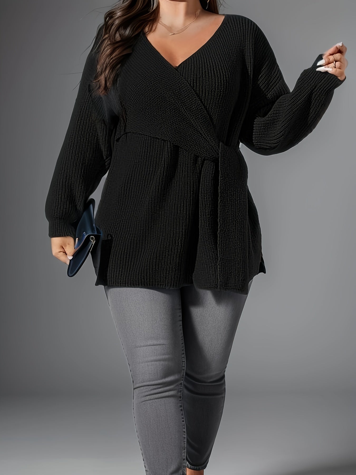 Casual Sweater Women's Solid Long Sleeve Wrap Jumper