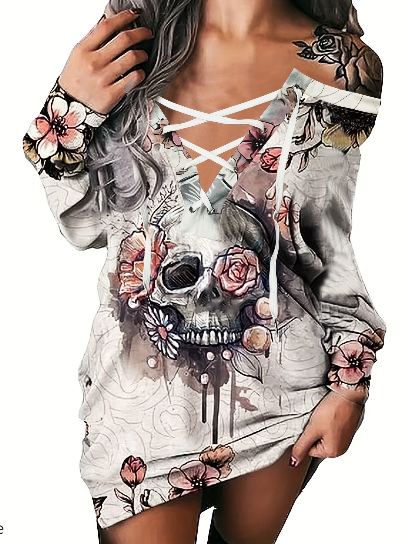 Gothic Skull Print Pullover Sweatshirt Halloween Tie Front Long Sleeve