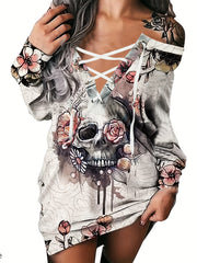 Gothic Skull Print Pullover Sweatshirt Halloween Tie Front Long Sleeve