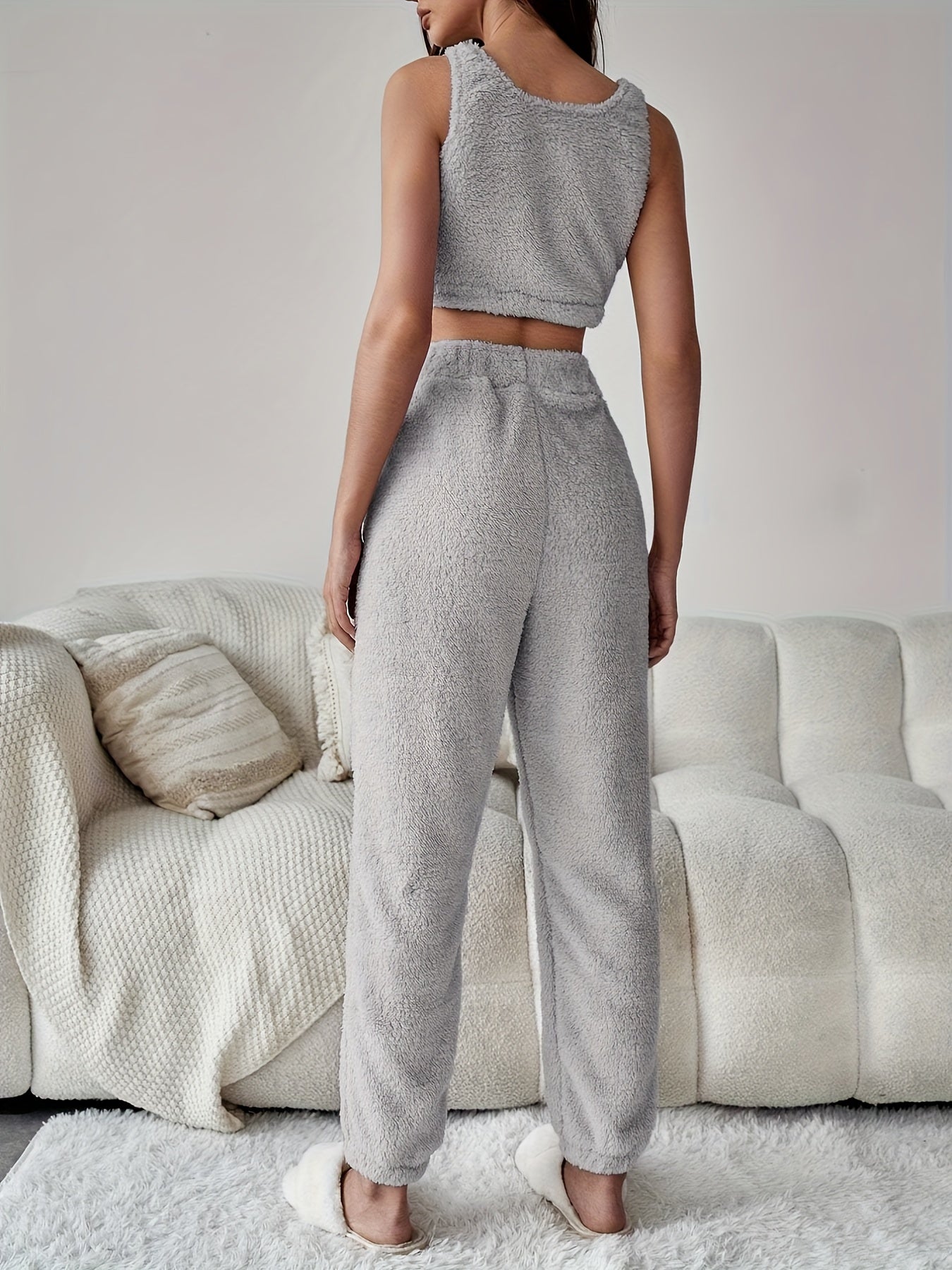 Letter Print Fuzzy Pajama Set Crew Neck Tank Top & Elastic Waistband Pants