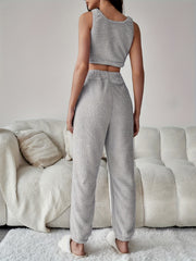 Letter Print Fuzzy Pajama Set Crew Neck Tank Top & Elastic Waistband Pants
