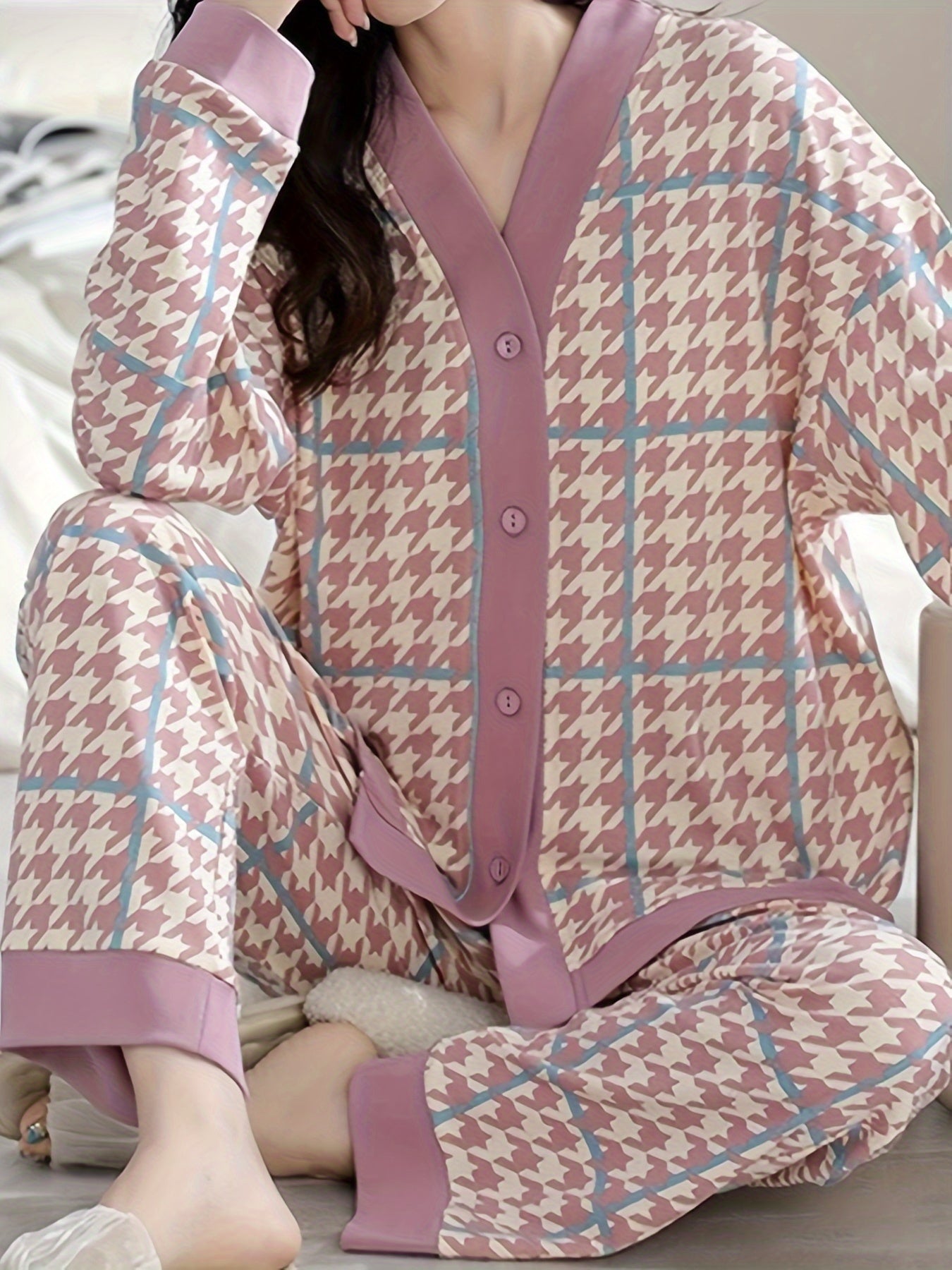 Houndstooth Print Pajama Set V Neck Top & Pants