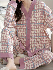 Houndstooth Print Pajama Set V Neck Top & Pants