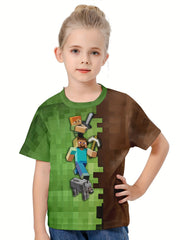 Kids Cartoon Game Graphic Short Sleeve T-shirt, Breathable & Sporty, Ages 4-14
