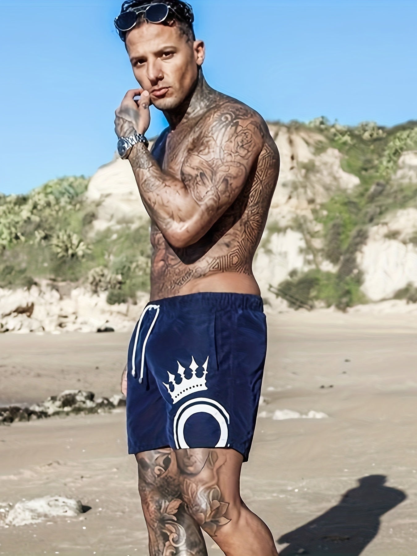 Men's Crown Pattern Shorts With Pockets Active Drawstring Shorts