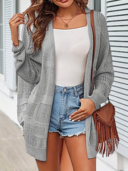 Eyelet Solid Knit Cardigan Open-Front Long Sleeve Sweater