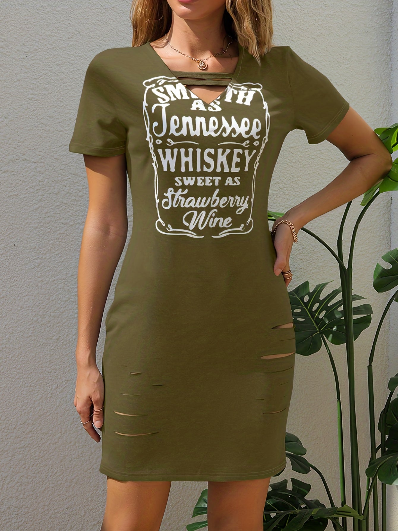 Ripped Letter Print Dress Sexy Cut Out V Neck Short Sleeve Dress