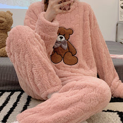 Cartoon Bear Pajama Set Long Sleeve Crew Neck Top & Pants