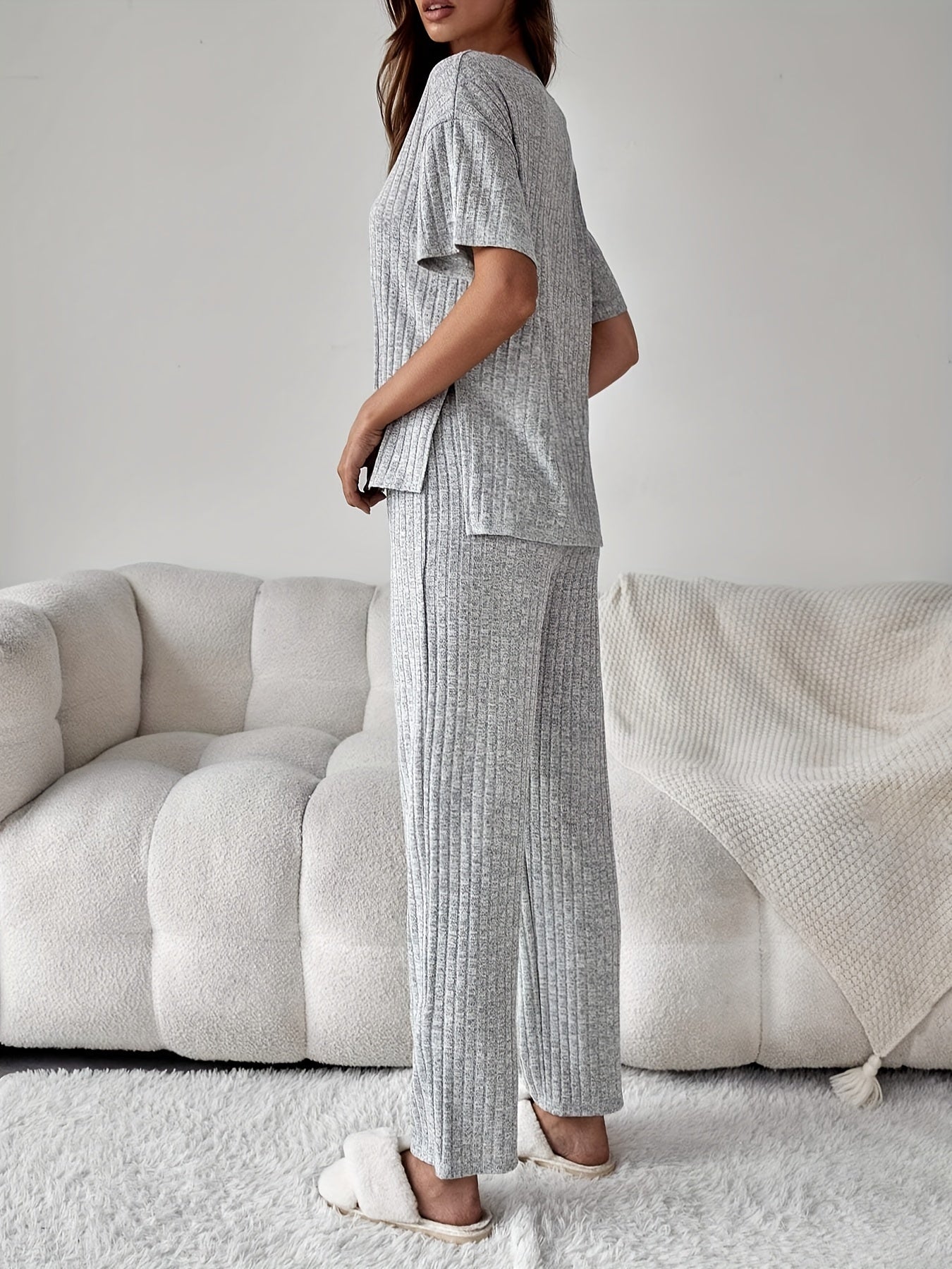 Ribbed Lounge Set Short Sleeve Top & Pants Women's Loungewear