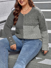 Colorblock Button Decor Casual Sweater