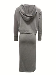 Solid V Neck Hoodie & Tank Dress Outfits Set