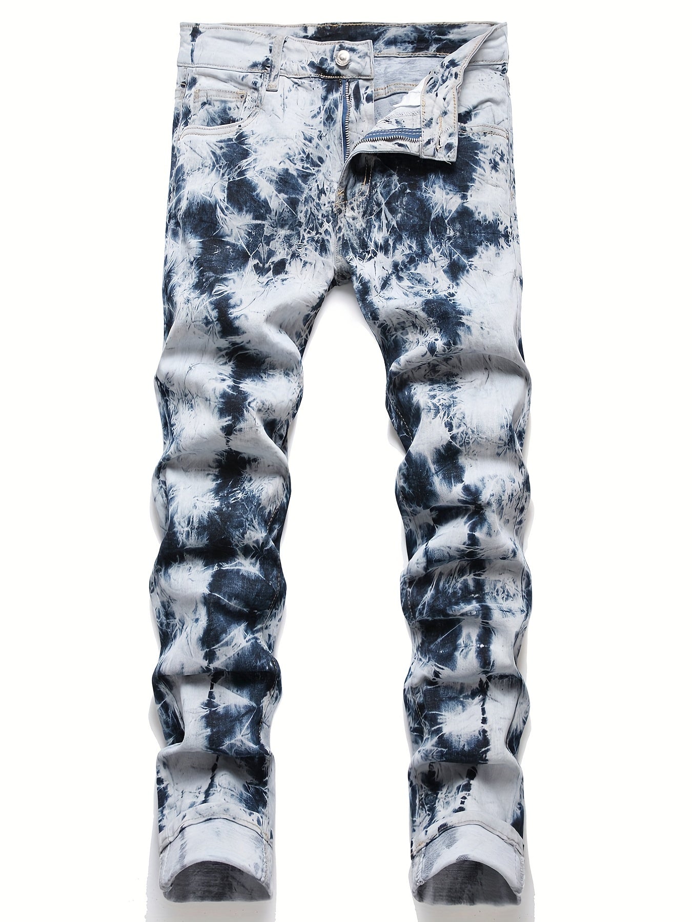 Tie Dye Slim Fit Ripped Jeans Men Casual Street Mid Denim Pants