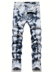 Tie Dye Slim Fit Ripped Jeans Men Casual Street Mid Denim Pants