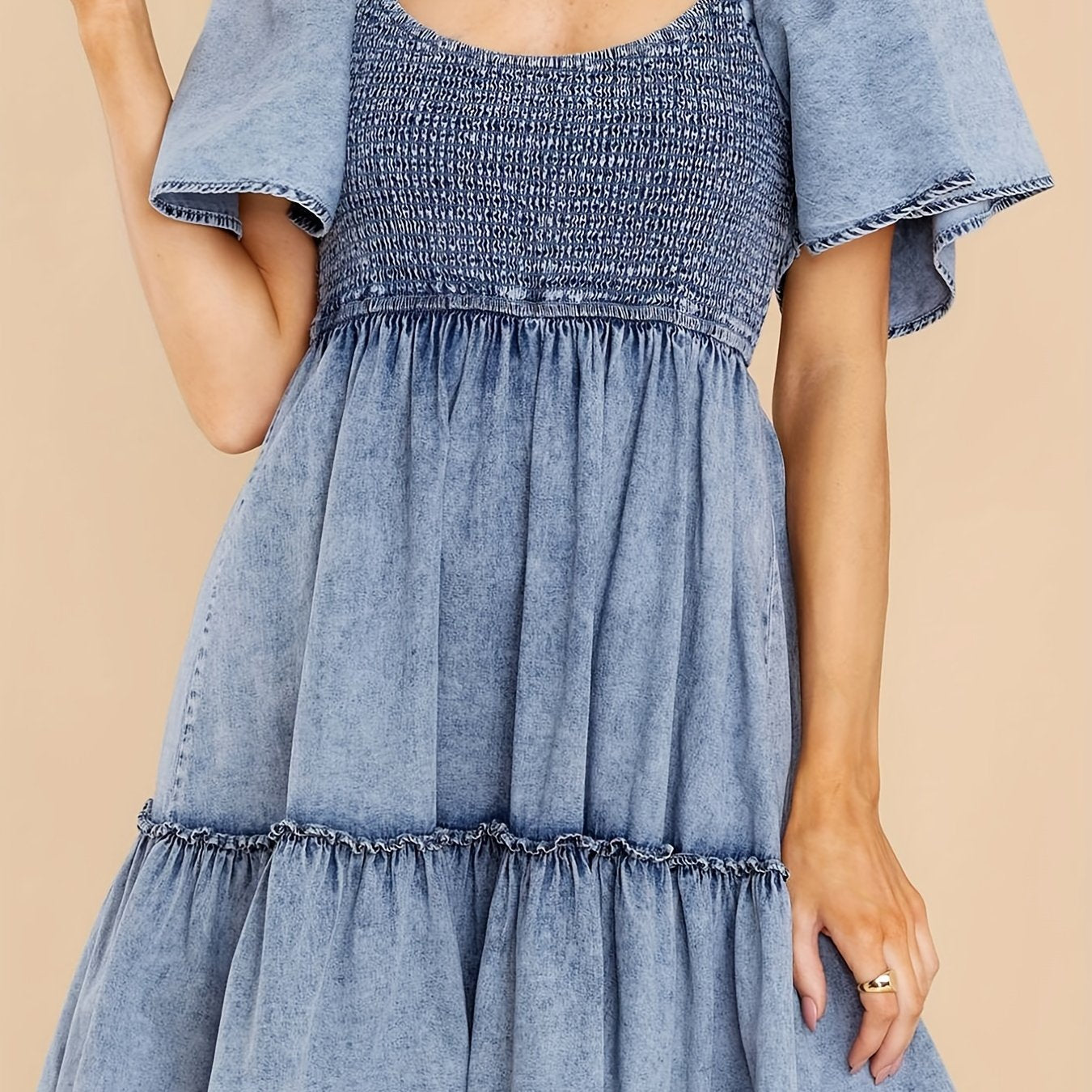 Short Sleeves Denim Dress Smocked Round Neck