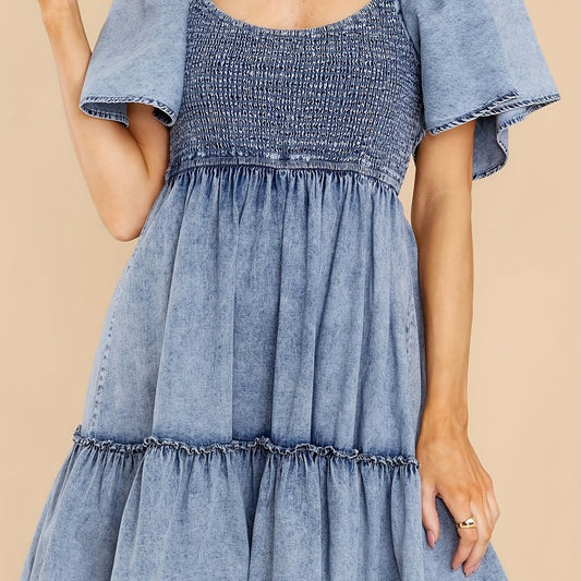 Short Sleeves Denim Dress Smocked Round Neck