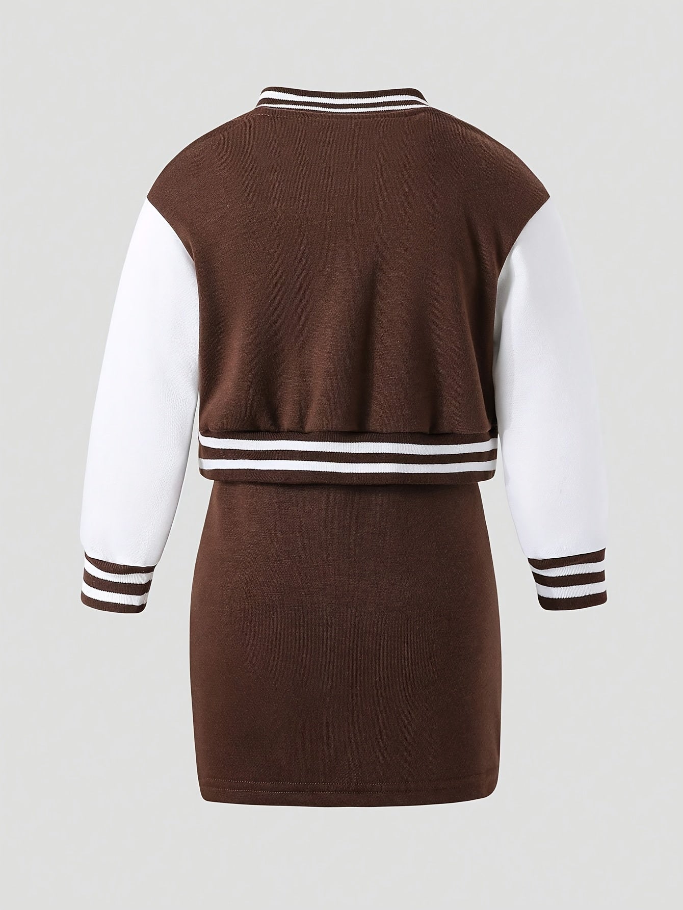 2pcs Girls Splicing Button Front Long Sleeve Jacket Solid Bodycon Dress