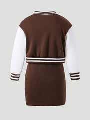 2pcs Girls Splicing Button Front Long Sleeve Jacket Solid Bodycon Dress