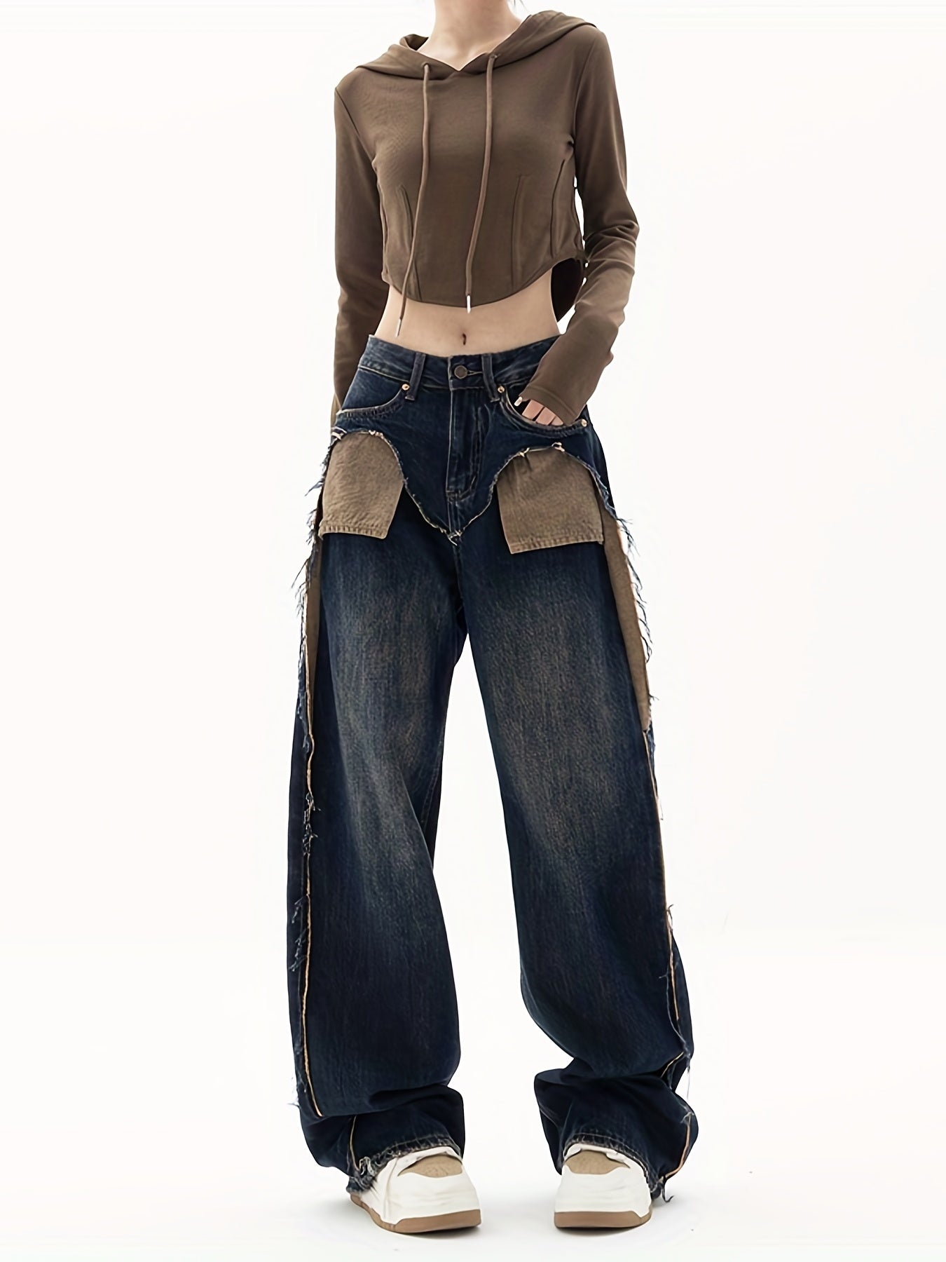 Dark Patchwork Straight Jeans Retro & Street Style Wide Legs Jeans