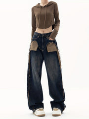 Dark Patchwork Straight Jeans Retro & Street Style Wide Legs Jeans