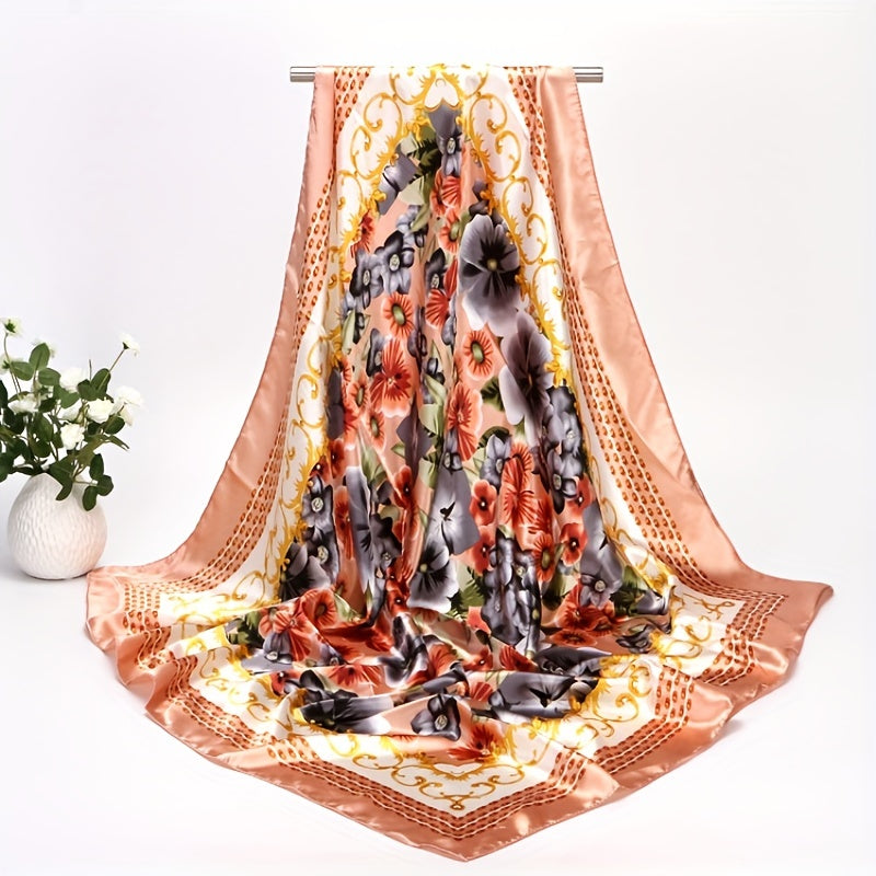 Vintage Satin Flower Print Square Scarf Large Shawl