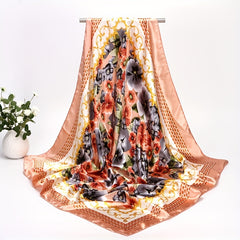 Vintage Satin Flower Print Square Scarf Large Shawl