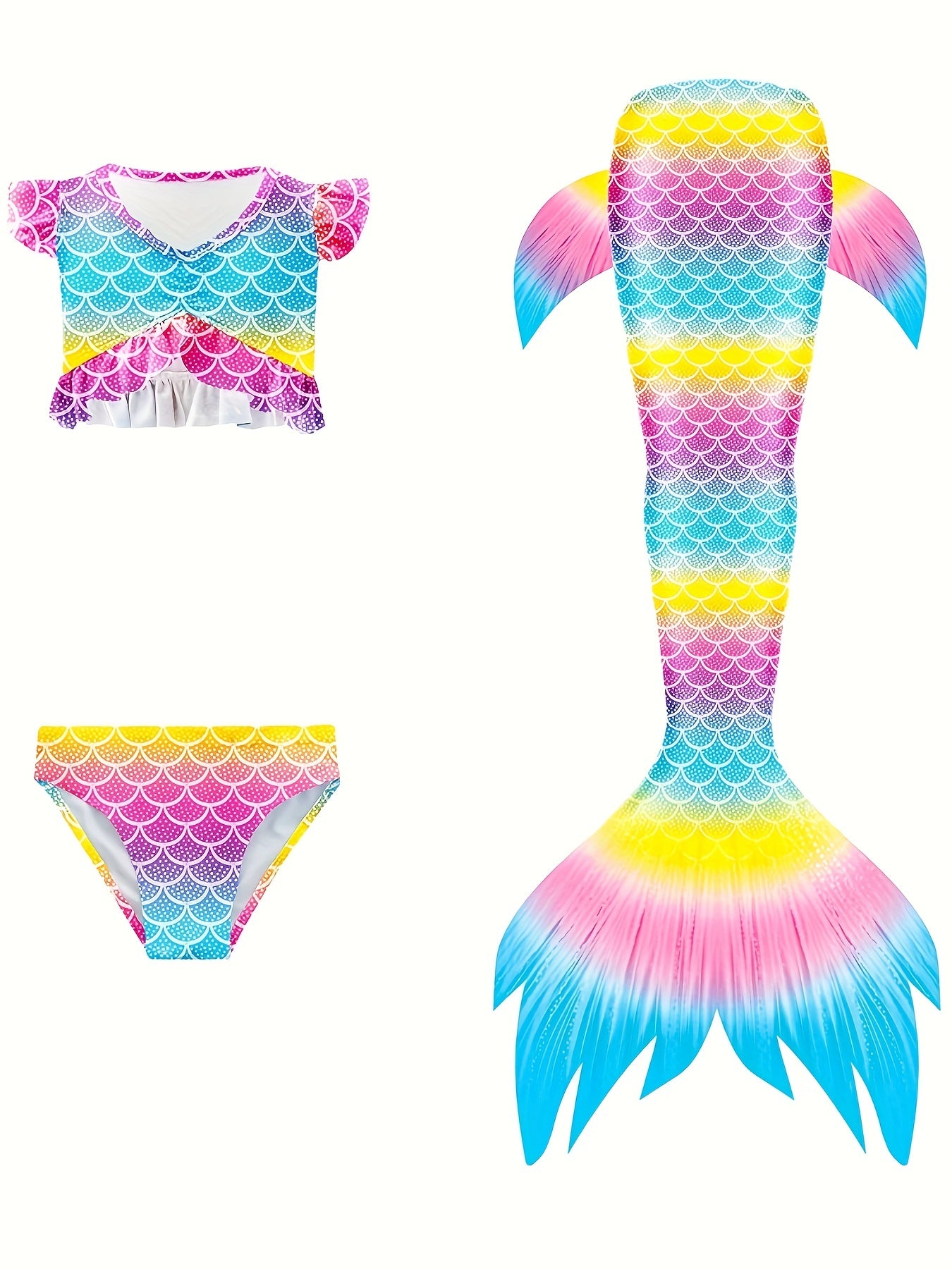 Mermaid Swimsuit 3pcs Ruffle Bikini Set & Mermaid Tail Tie dye Bathing Suit