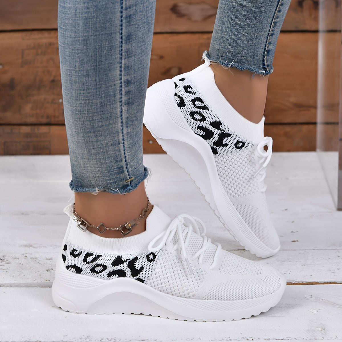 Leopard Print Knit Socks Sneakers Soft Sole Casual Running Shoes