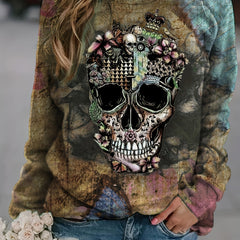 Skull & Floral Print Pullover Sweatshirt for Women