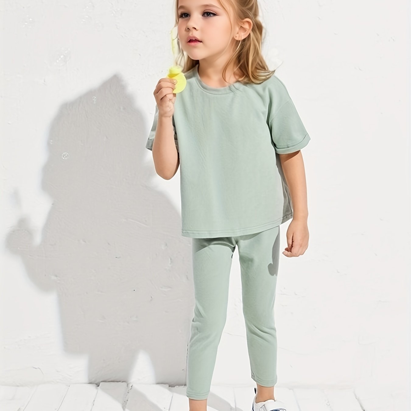 Girl's 2pcs T shirt & Leggings Set Solid Short Sleeve Top Casual Outfits