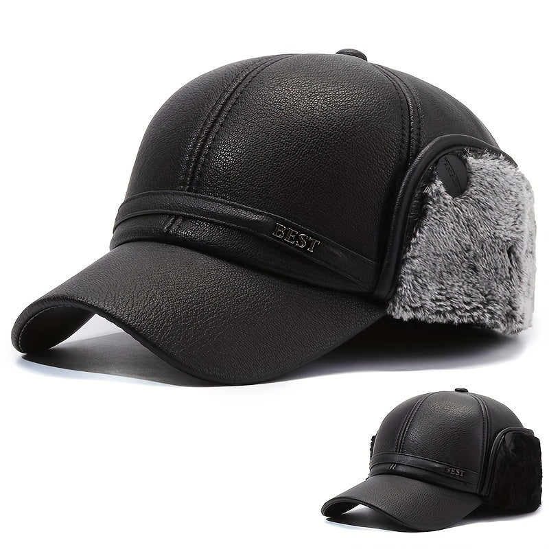 Waterproof PU Leather Men's Winter Baseball Cap