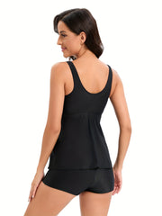 Solid V Neck Tankini Sets High Stretch Boxer Short Bottom Two Pieces Swimsuit