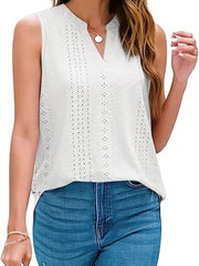 Eyelet Embroidered Tank Top Notched Neck Medium