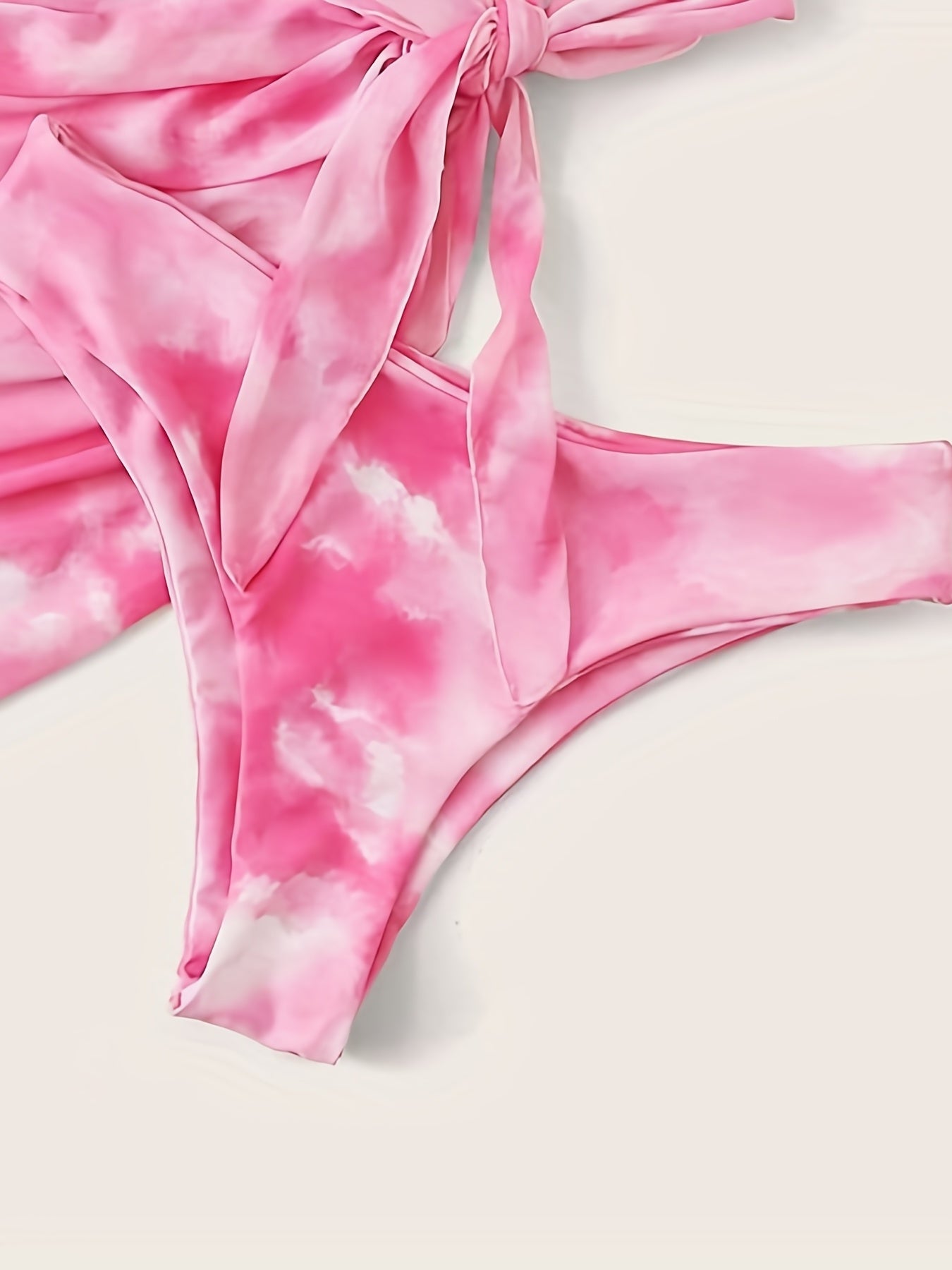 Pink Tie Dye Swimsuits Set Round Neck Tie Side Wrap Beachwear