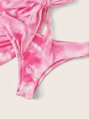 Pink Tie Dye Swimsuits Set Round Neck Tie Side Wrap Beachwear