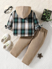 Baby Boys Plaid Hooded Pullover Top Pants Suit