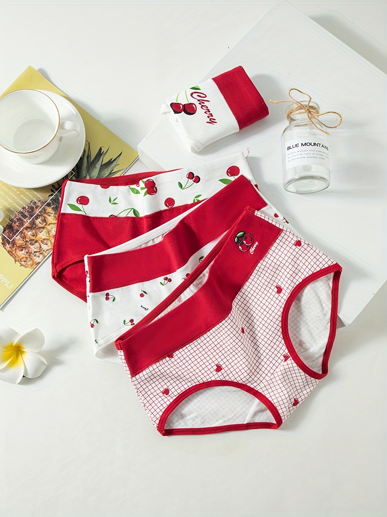 4pcs Heart & Cherry Print Briefs Women's Lingerie & Underwear