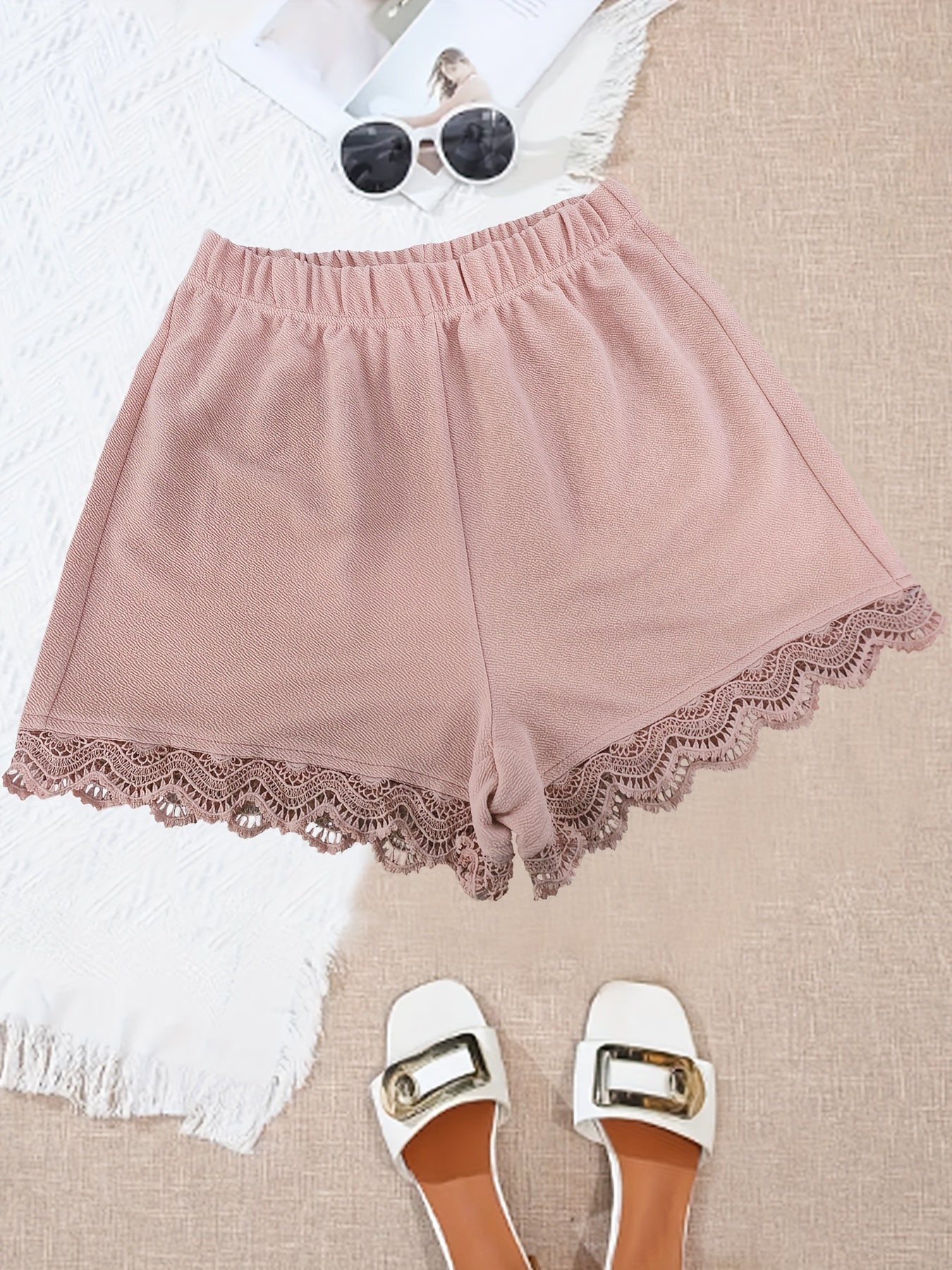 Lace Trim Solid Shorts Casual Summer Women's Clothing
