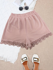 Lace Trim Solid Shorts Casual Summer Women's Clothing