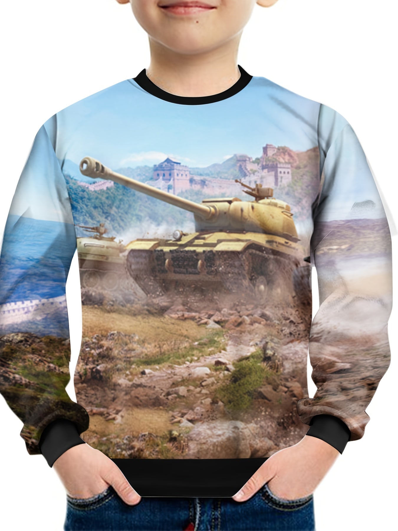 3D Tank Print Kid's Sweatshirt Unisex Pullover Casual Long Sleeve Top