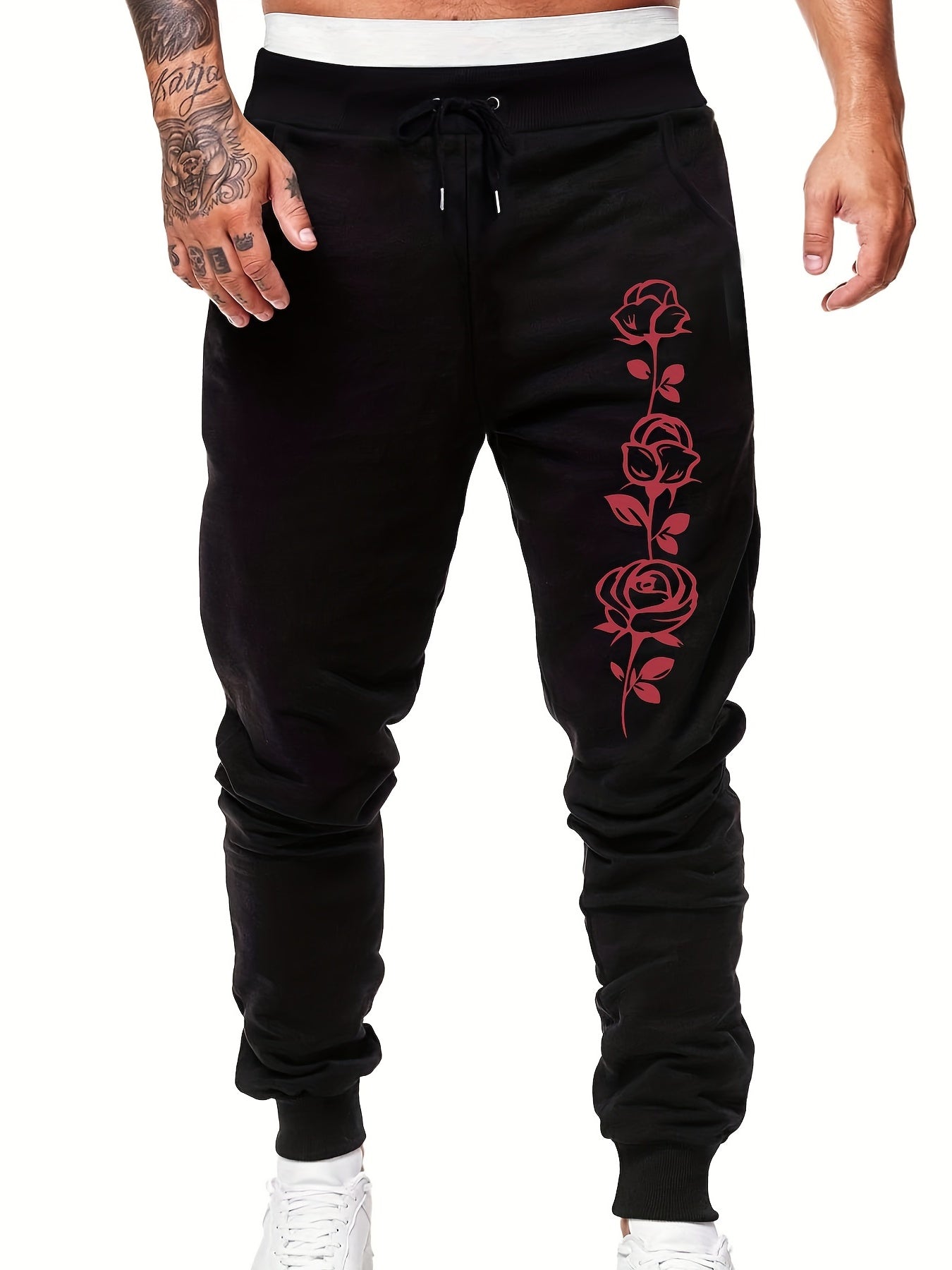 Rose Print Men s Drawstring Sweatpants For Spring Autumn