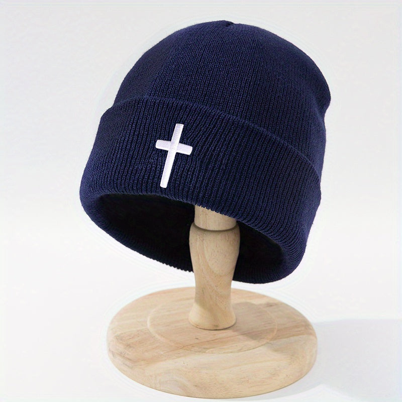 Cross Embroidery Knitted Hat Men's Beanie
