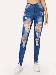 Distressed High Stretch Skinny Jeans Slim Fit Denim Pants